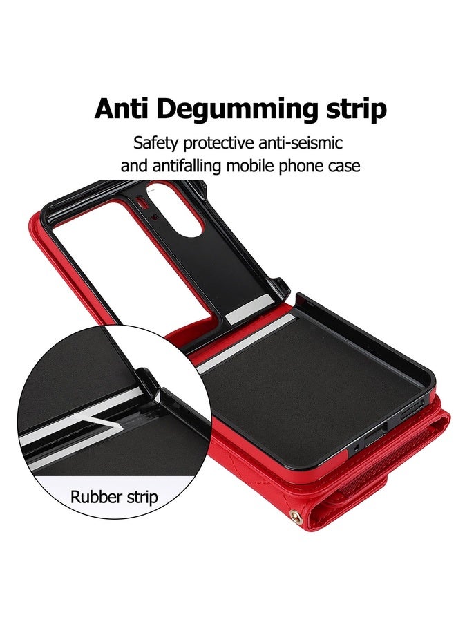 HuHa Case Cover For OPPO Find N2 Flip Rhombic Texture Card Bag PU Phone Case with Long Lanyard(Red) - Image 3