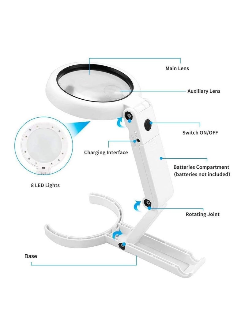 Excefore - 5X Handheld Magnifier Illuminated Desktop Magnifying Glasses with 8 LED Lights & Foldable Handle for Seniors and Children (White) - Image 1