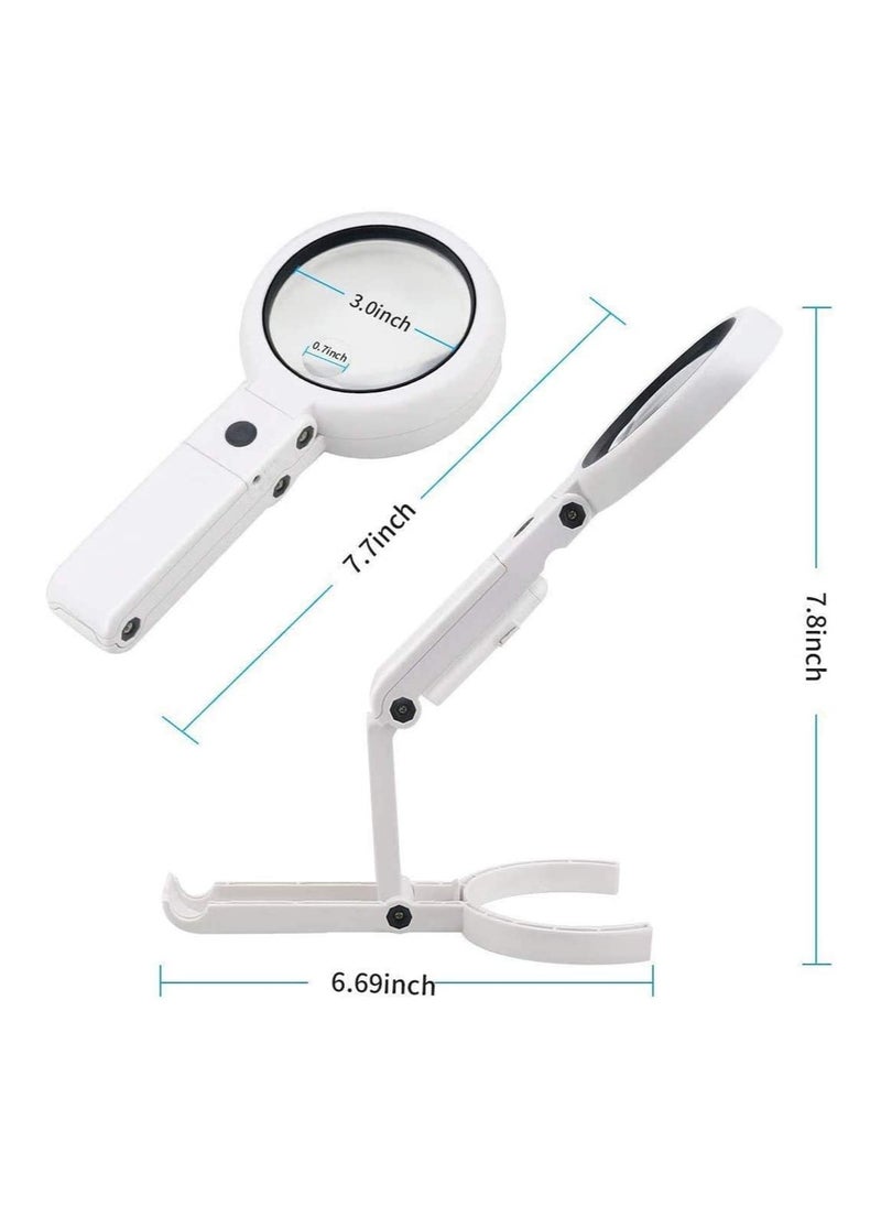 Excefore - 5X Handheld Magnifier Illuminated Desktop Magnifying Glasses with 8 LED Lights & Foldable Handle for Seniors and Children (White) - Image 1