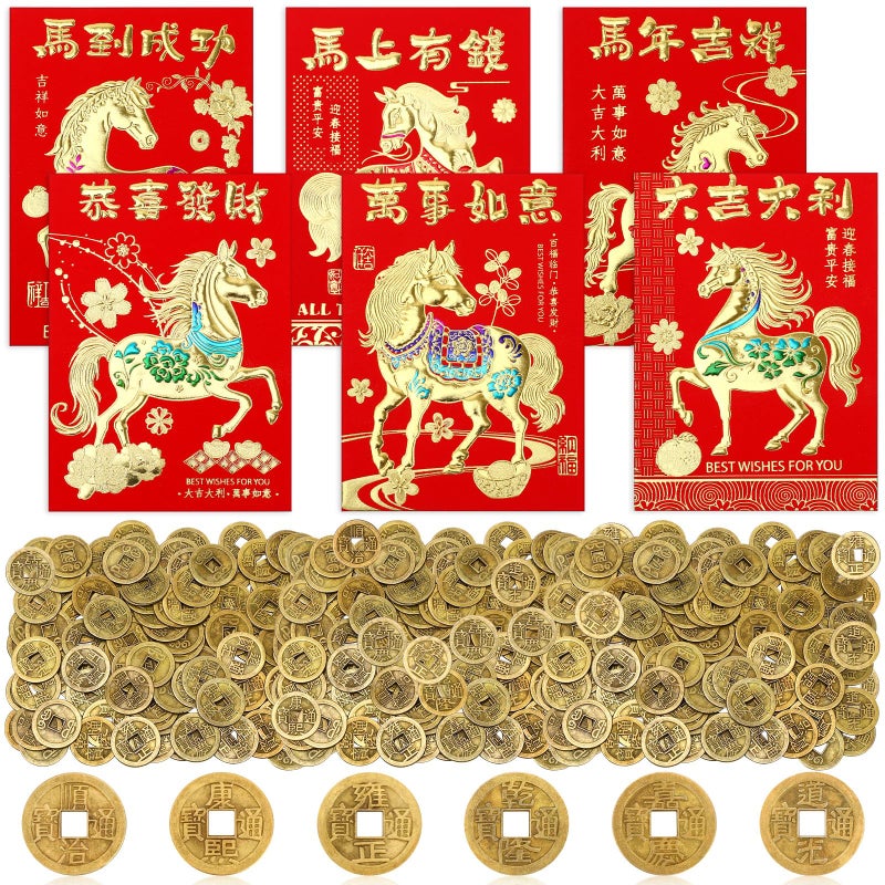 JULMELON 24 Pcs Chinese New Year Red Envelopes and 100 Pcs Lucky Coins Set, Lunar New Year Envelopes for Gifting and Celebrations - Image 1