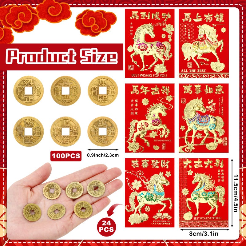 JULMELON 24 Pcs Chinese New Year Red Envelopes and 100 Pcs Lucky Coins Set, Lunar New Year Envelopes for Gifting and Celebrations - Image 2