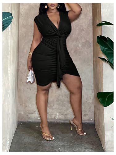 WDIRARA Women's Plus Size V Neck Sleeveless Bodycon Dress Ruched Twist Front Party Short Dress Black XX-Large Plus - Image 4