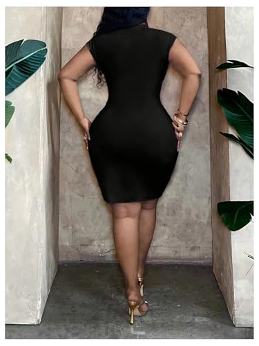 WDIRARA Women's Plus Size V Neck Sleeveless Bodycon Dress Ruched Twist Front Party Short Dress Black XX-Large Plus - Image 3