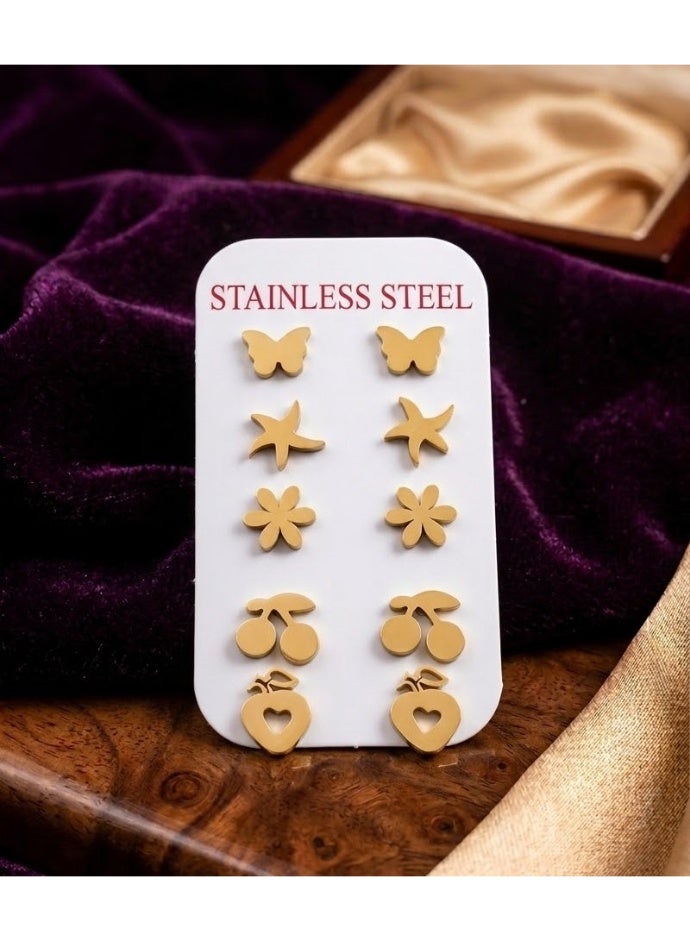 Set of 5 genuine stainless steel earrings, 5 gorgeous designs