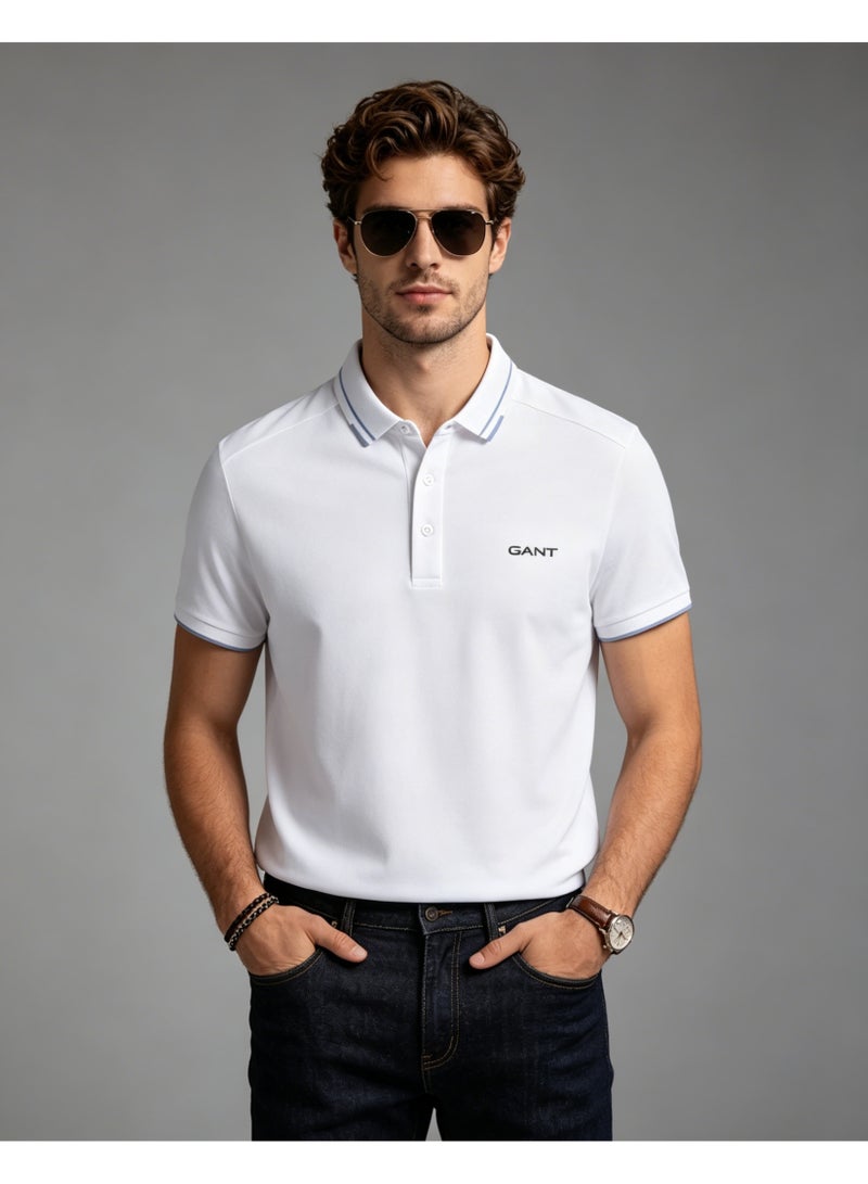 GANT Men Short Sleeve Striped Collar Polo Shirt Classic Regular Fit Casual Daily Wear For Office Holiday White - Image 1