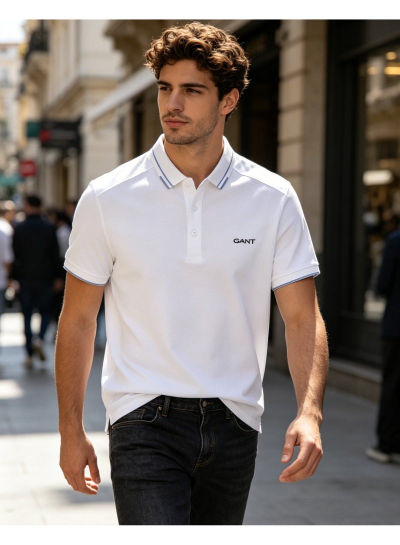 GANT Men Short Sleeve Striped Collar Polo Shirt Classic Regular Fit Casual Daily Wear For Office Holiday White - Image 4