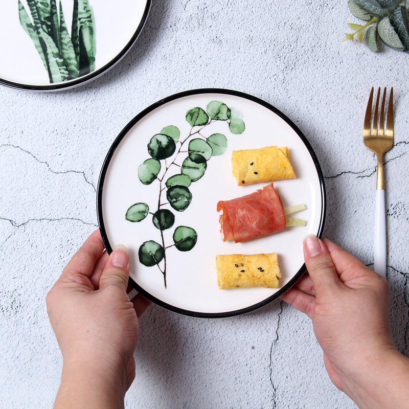 8 Inch Nordic Style Green Plant Ceramic Plate Round Breakfast Steak Plate Fruit Plate for Home Kitchen Restaurant (Eucalyptus Leaves) - Image 4