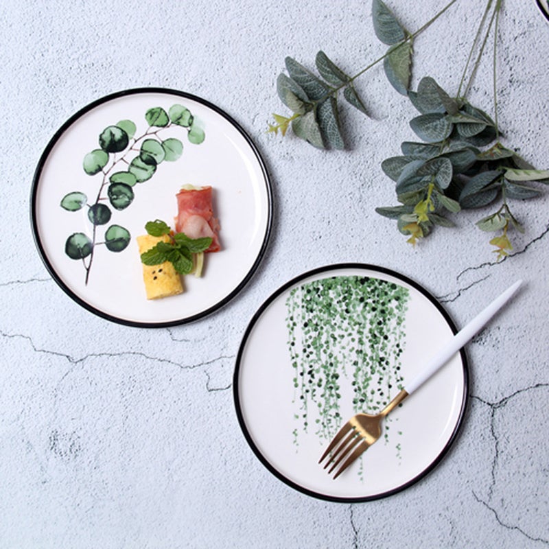 8 Inch Nordic Style Green Plant Ceramic Plate Round Breakfast Steak Plate Fruit Plate for Home Kitchen Restaurant (Eucalyptus Leaves) - Image 1