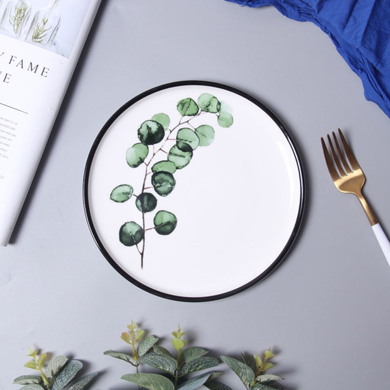 8 Inch Nordic Style Green Plant Ceramic Plate Round Breakfast Steak Plate Fruit Plate for Home Kitchen Restaurant (Eucalyptus Leaves) - Image 2