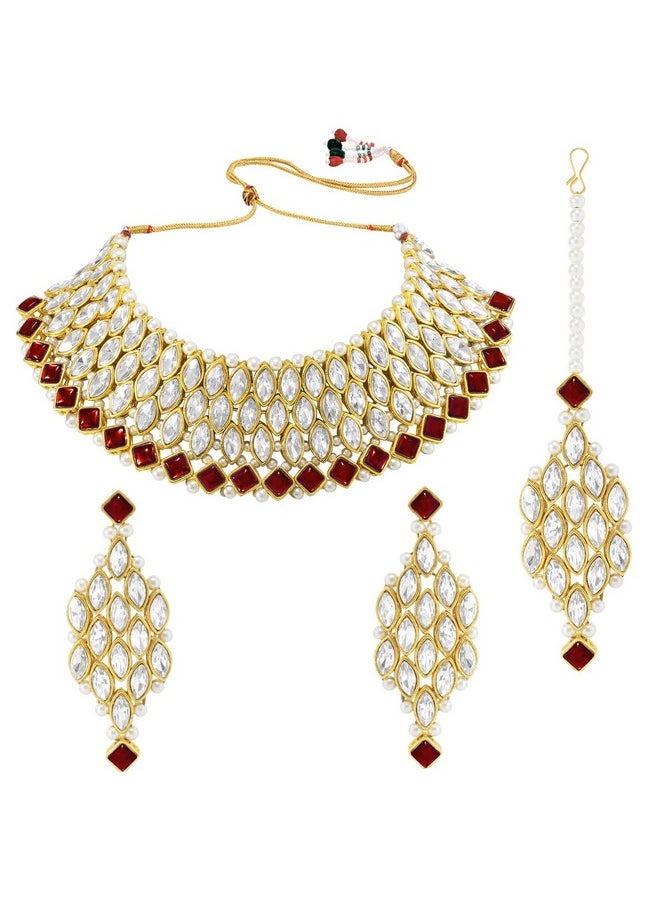 Aheli - Ethnic Fashion Maroon Gold Plated Crystal Style Choker Necklace Earring & Maangtikka Jewelry Set - Image 1
