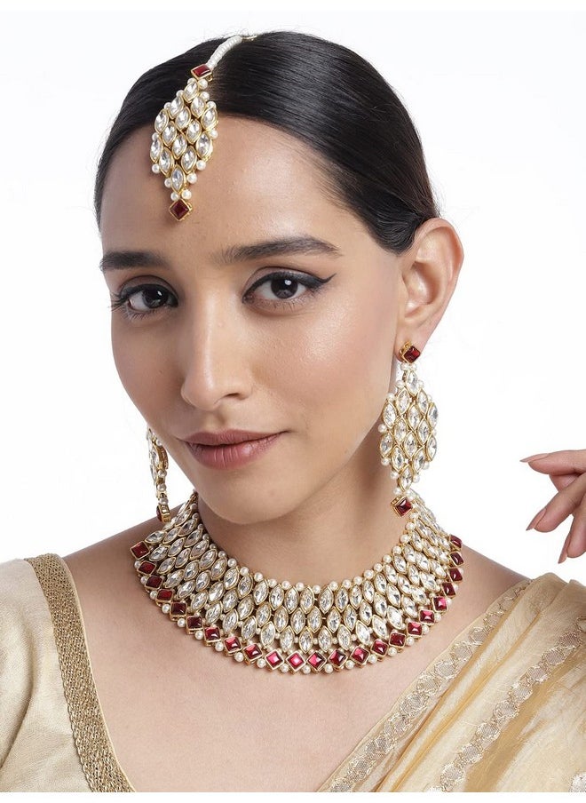 Aheli - Ethnic Fashion Maroon Gold Plated Crystal Style Choker Necklace Earring & Maangtikka Jewelry Set - Image 1