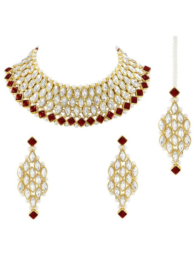 Aheli - Ethnic Fashion Maroon Gold Plated Crystal Style Choker Necklace Earring & Maangtikka Jewelry Set - Image 1