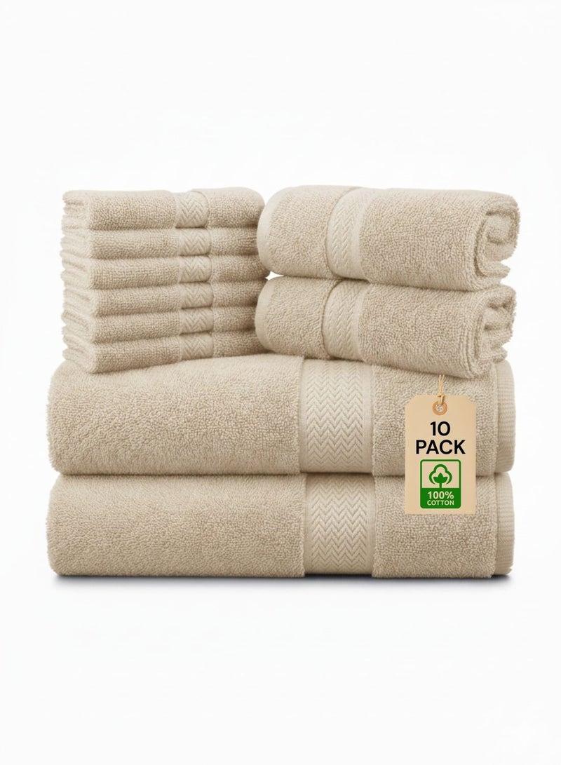 1 تشيس طقم مناشف قطنية 100% مكون من 10 قطع - 600 غرام/متر مربع، فاخر، بيج اللون، مناسب للحمام واليدين والغسيل - Image 1