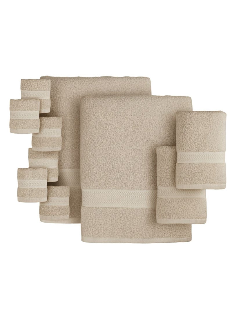 1 تشيس طقم مناشف قطنية 100% مكون من 10 قطع - 600 غرام/متر مربع، فاخر، بيج اللون، مناسب للحمام واليدين والغسيل - Image 3