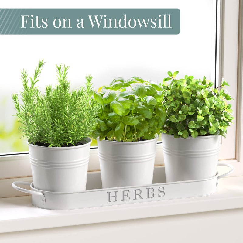 Barnyard Designs Indoor Herb Garden Planter Set with Tray, Metal Windowsill Plant Pots with Drainage for Outdoor or Indoor Plants, Set/3 (White) - Image 3