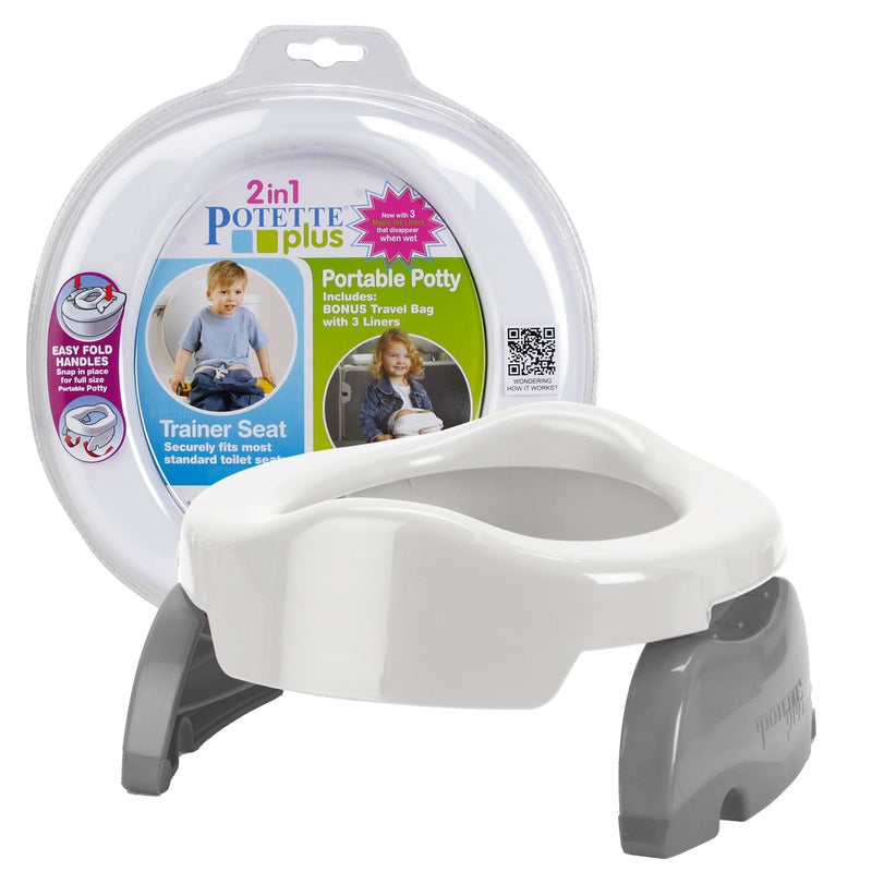 Kalencom Potette Plus 2-in-1 Travel Potty and Trainer Seat - Dual-Purpose Potty Training Toilet Seat - Portable Potty for Toddler Travel - with Durable, Lock-in Legs and Splash Guard - White/Gray - Image 1