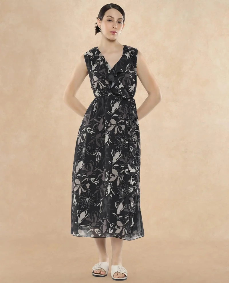 Rareism Rareism Women's Licia Black Cotton Blend Fabric Overlap Neck Tie-Up Closure Sleeveless Floral Print A-Line Maxi Dress