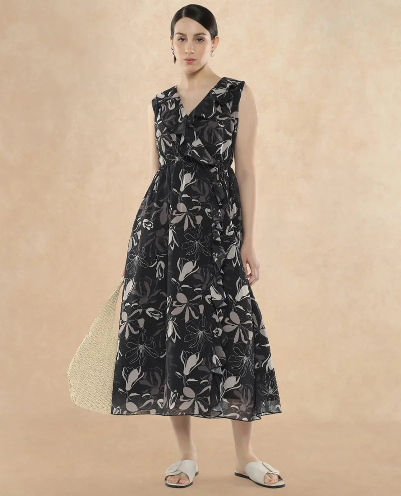 Rareism Rareism Women's Licia Black Cotton Blend Fabric Overlap Neck Tie-Up Closure Sleeveless Floral Print A-Line Maxi Dress