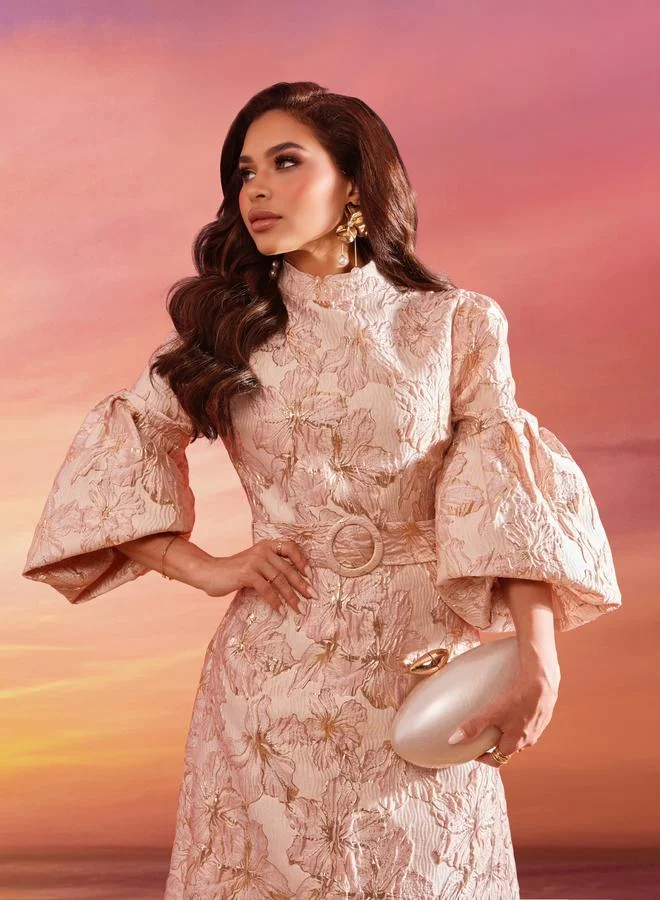 Styli Women Gold Jacquard Maxi Dress