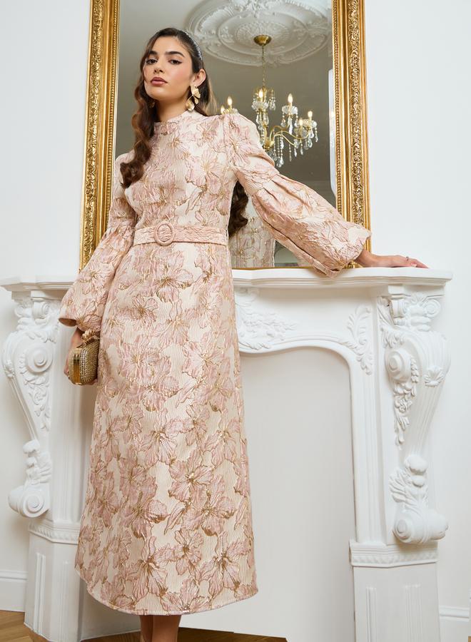 Styli Women Gold Jacquard Maxi Dress - Image 3