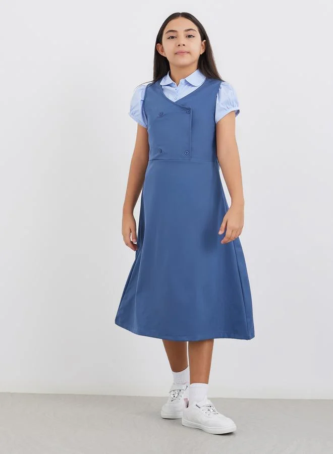 ستايلي Styli Girls Navy Blue V Neck Button Detail Pinafore Dress