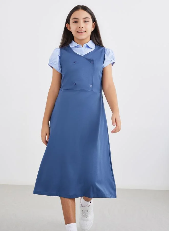 ستايلي Styli Girls Navy Blue V Neck Button Detail Pinafore Dress