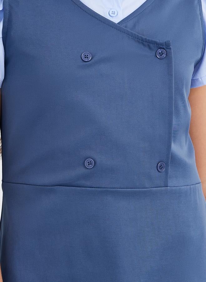 Styli Girls Navy Blue V Neck Button Detail Pinafore Dress - Image 4