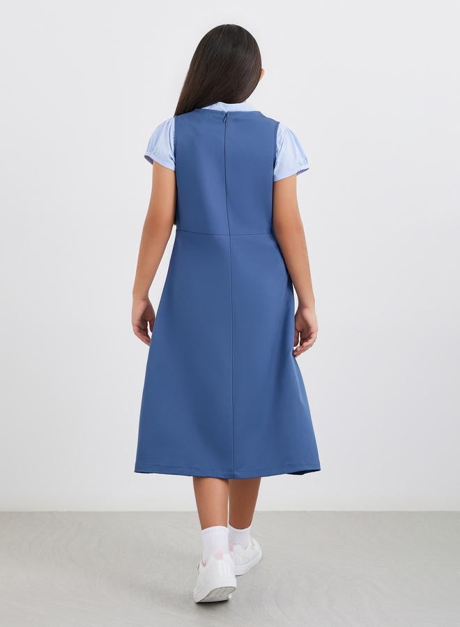 Styli Girls Navy Blue V Neck Button Detail Pinafore Dress - Image 5