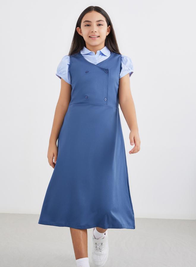 Styli Girls Navy Blue V Neck Button Detail Pinafore Dress - Image 1