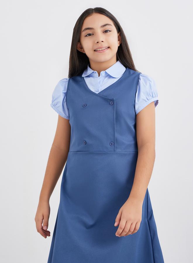 Styli Girls Navy Blue V Neck Button Detail Pinafore Dress - Image 3