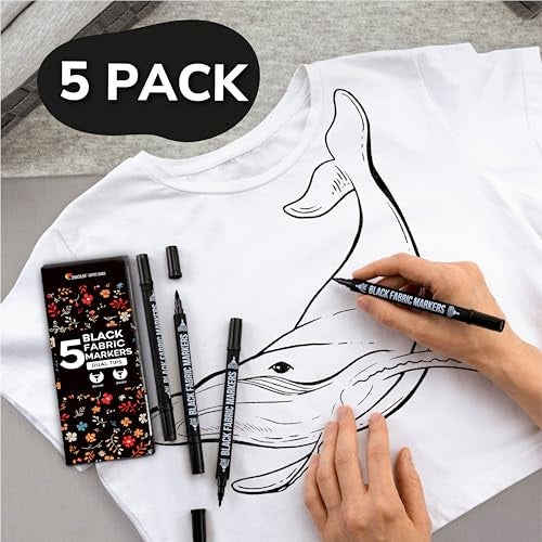 Zenacolor 5 Dual-Tip Black Fabric Markers Permanent for Clothes - Fabric Paint Pens for Personalizing Shirts Bags Hats Canvas and Textiles - Image 3