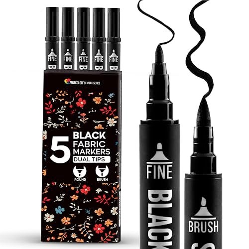 Zenacolor 5 Dual-Tip Black Fabric Markers Permanent for Clothes - Fabric Paint Pens for Personalizing Shirts Bags Hats Canvas and Textiles - Image 1