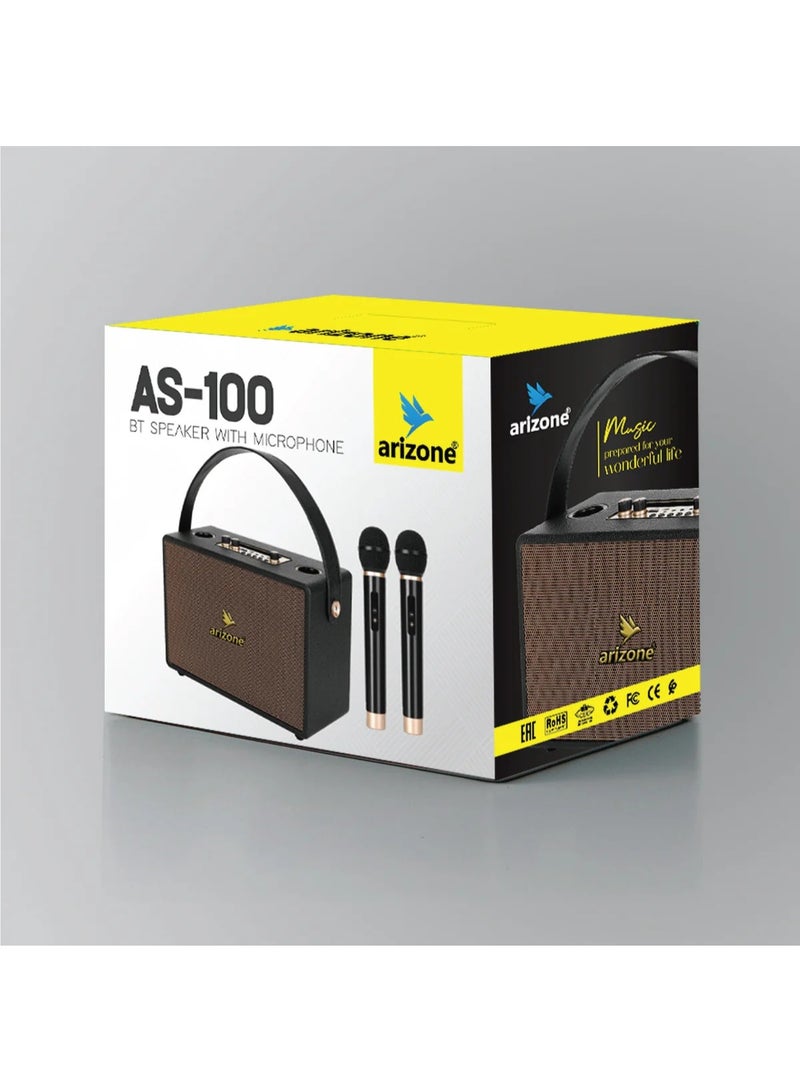 Arizone AS-100 Bluetooth Speaker with Microphone is a portable and stylish audio solution designed for music and entertainment on the go. Featuring wireless Bluetooth connectivity, it allows easy pairing with smartphones and other devices for seamless music streaming. The speaker comes with dual microphones, making it perfect for karaoke, parties, and small events. With clear sound quality, strong bass, and a convenient carry handle, it’s ideal for both indoor and outdoor use. Enjoy powerful performance, easy controls, and versatile functionality all in one compact design - Image 2
