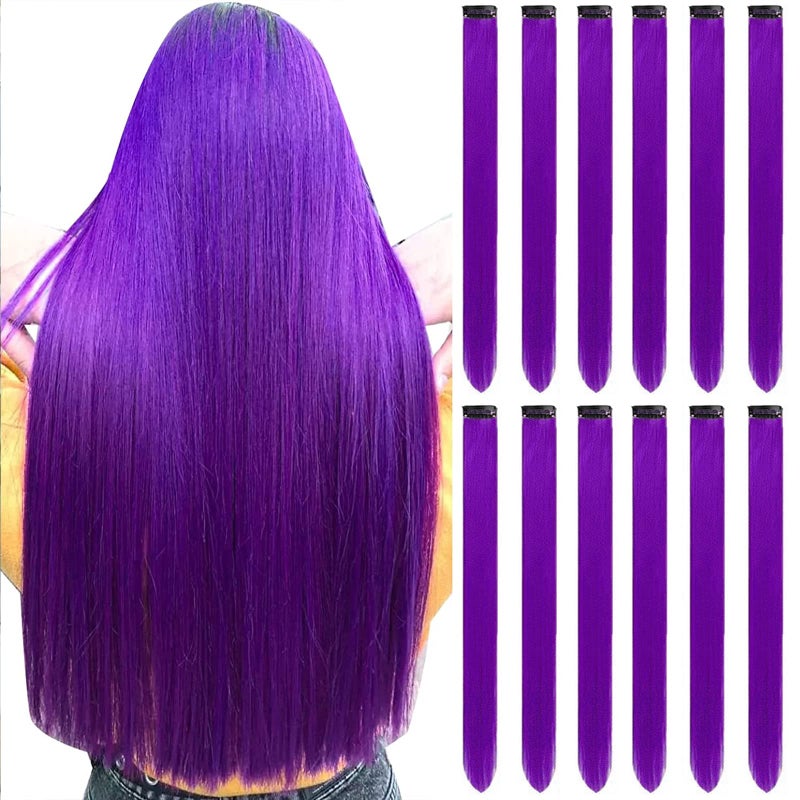 12 PCS Purple Hair Extensions Clip in Colored Party Highlights Extension for Kids Girls Synthetic Hairpiece Straight 22 inch