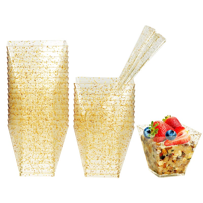 Tongcloud 25 Set Mini Plastic Dessert Cups with Spoons Gold Glitter Square Small Dessert Cups Disposable Gold Glitter Plastic Bowls with Mini Spoons Great for Party Desserts Appetizers
