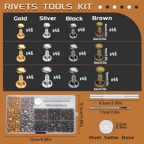 CBHGFEA 540 PCS Leather Rivets 3 Different Sizes Double Cap Rivets Kit with Leather Rivet Setting Tools Leathercraft Rivet Kit for DIY and Crafting Decoration - Image 3