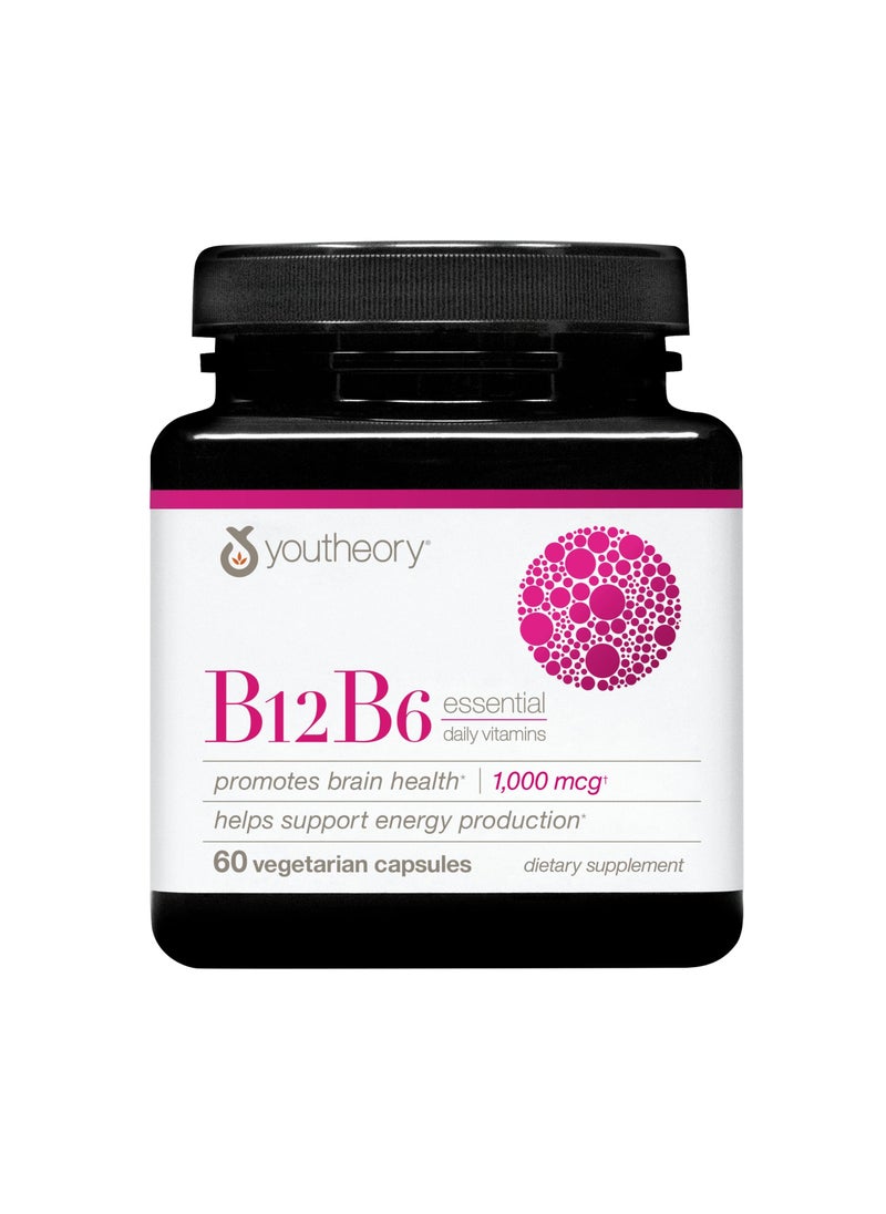 youtheory B12B6 Essential Daily Vitamins Promotes Brain Health 1000 Mcg helps support energy production 60 Vegetarian Capsules  - Image 1