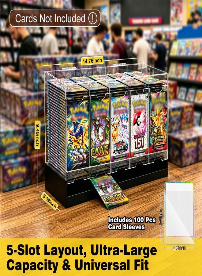 GGV 5-Slot Acrylic Booster Pack Dispenser, Black Base 200 Pack Capacity, Top Flip Lid, for Collection, Game Store & Card Show Display, includes 100 Count Card Sleeves - Image 2