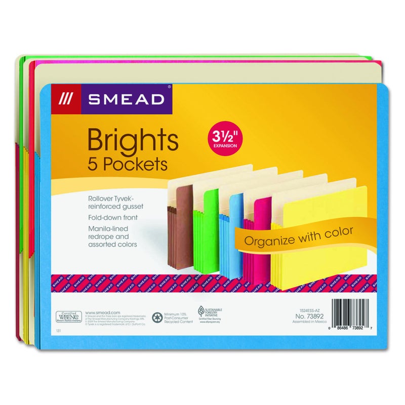 Smead File Pocket, Straight-Cut Tab, 3-1/2" Expansion, Letter Size, Assorted Colors, 5 per Pack (73892) - Image 4