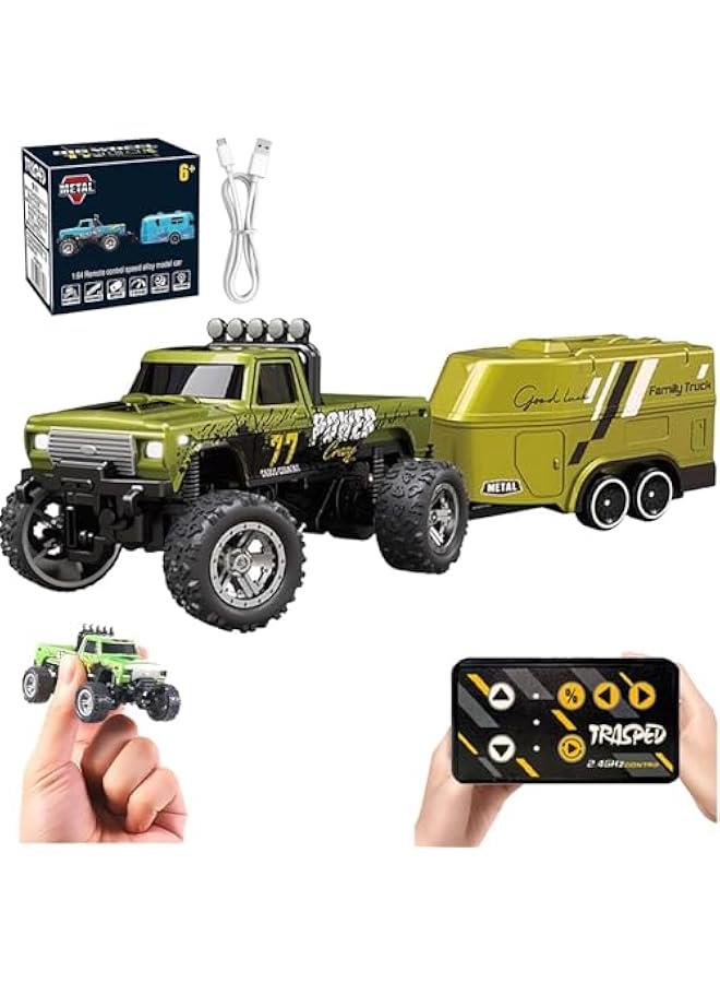 Mini Rc Monster Truck, Mini Monster Trucks, 1:64 Scale Monster Truck Remote Control Car with Lights, Mini Rc Truck with Trailer, Mini Drift Rc Car, 2.4ghz Remote Control (Green) - Image 1