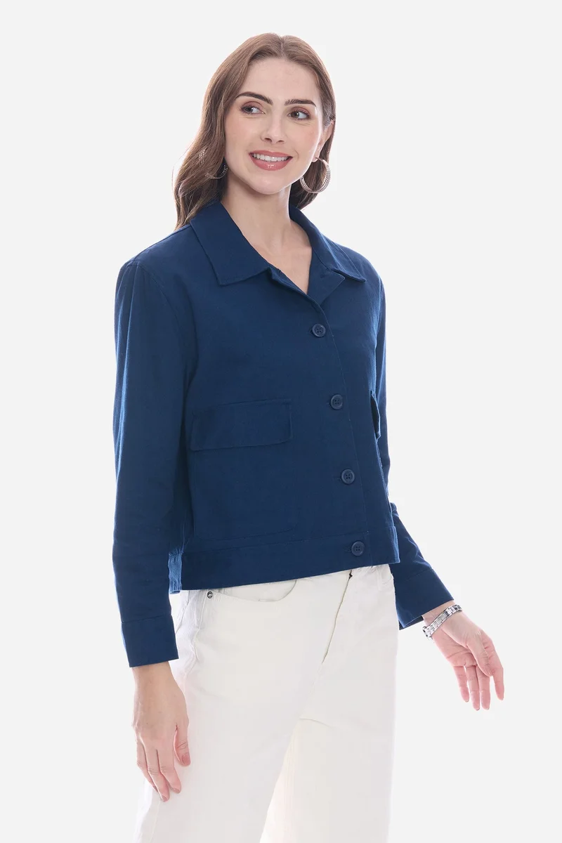 Virgio Navy Blue Solid Cotton Utility Shacket for Women for Women | Best Price UAE