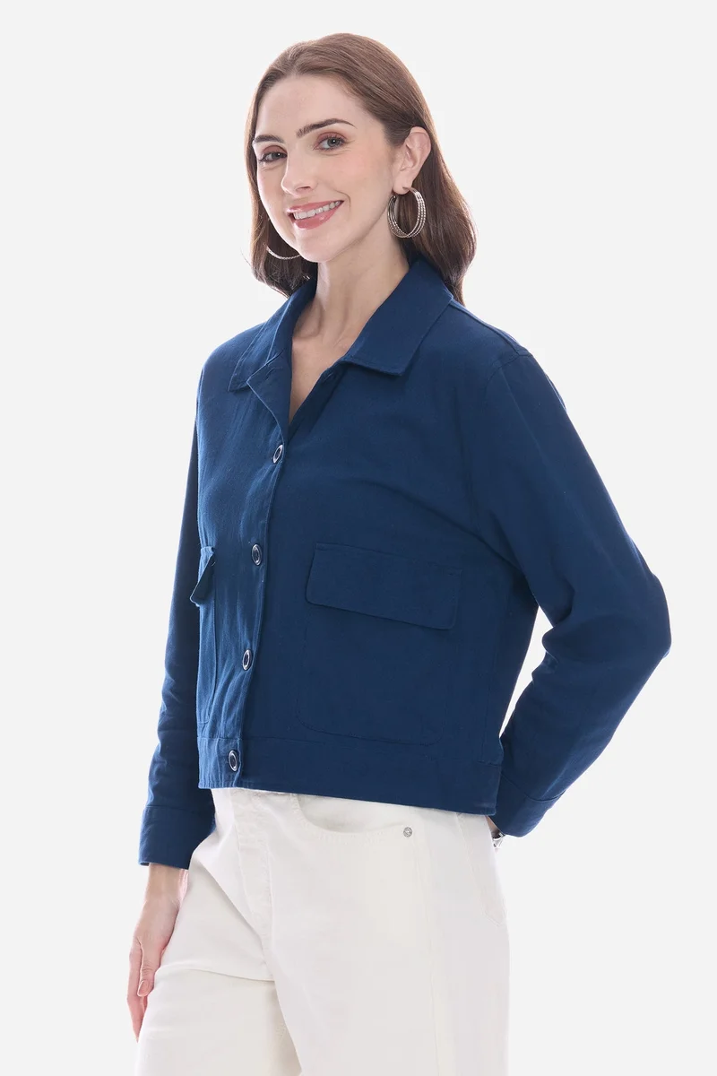 Virgio Navy Blue Solid Cotton Utility Shacket for Women for Women | Best Price UAE