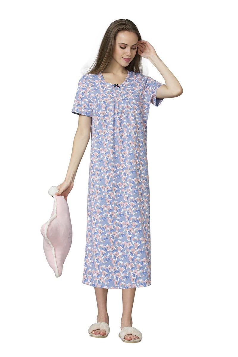 Van Heusen Women Round Neck Lounge Night Gown - 100% Cotton - Pleated Front, Short Sleeve_55419_Sweet Lavender AOP_L - Image 5