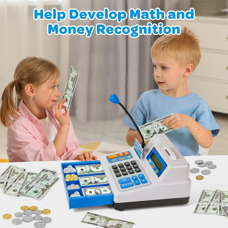 Bstoyder Calculator Cash Register Toy Gift for Kids Age 3, 4, 5, 6, 7, 8+ Year Old, 103 Pcs Grocery Store Playset with Microphone, Credit Card, Cash Register for Toddlers Kids 4-8 - Image 5