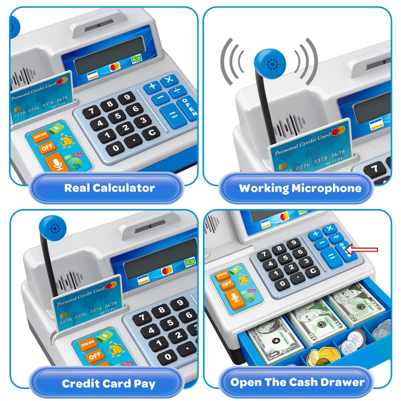 Bstoyder Calculator Cash Register Toy Gift for Kids Age 3, 4, 5, 6, 7, 8+ Year Old, 103 Pcs Grocery Store Playset with Microphone, Credit Card, Cash Register for Toddlers Kids 4-8 - Image 3