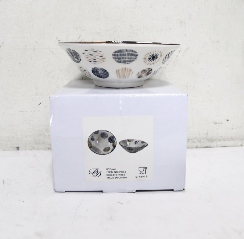 طقم أوعية سيراميك زخرفية من B&D مكوّن من 6 قطع، مقاس 15.2 سم، باللون الأبيض مع نقش كحلي