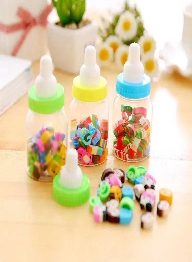VTL Mini Bottle Erasers - Cute Cartoon Shape Pencil Erasers in Baby Bottle Container | Multicolors & Designs | Fun Stationery for Kids, School & Gifts (Pack of 3) - Image 1