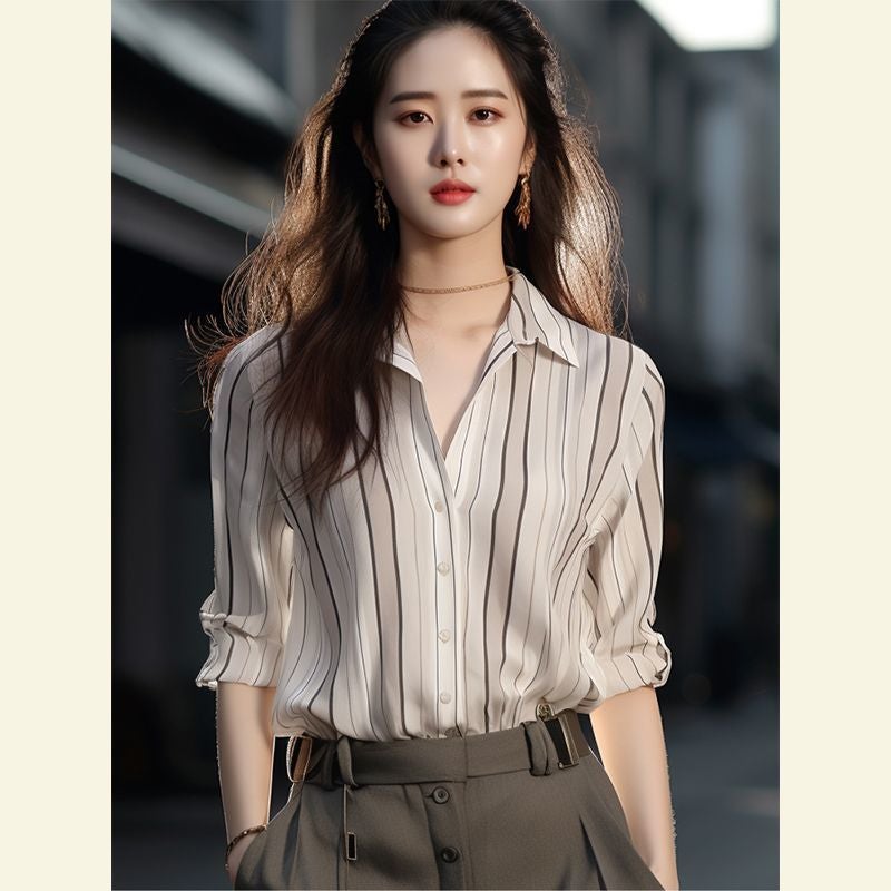 [2034 People] Summer Unique and Beautiful French Style Light and Mature Chiffon Top with High-End Sirens Style Work Clothing Stripes [counter quality, store priority delivery]