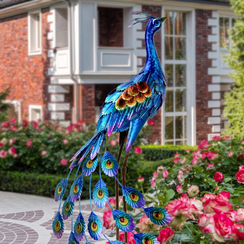 Kircust Peacock Garden Statue and Sculpture Metal Peacock Yard Art Decor Standing Bird Outdoor Sculptures for Patio Backyard Lawn Home Decoration