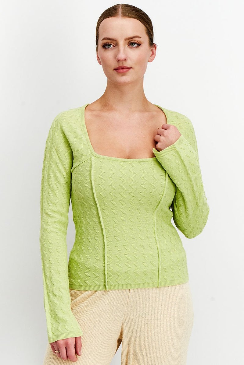 Asos Design Women Square Neck Textured Stitch Sweater, Green - Image 1